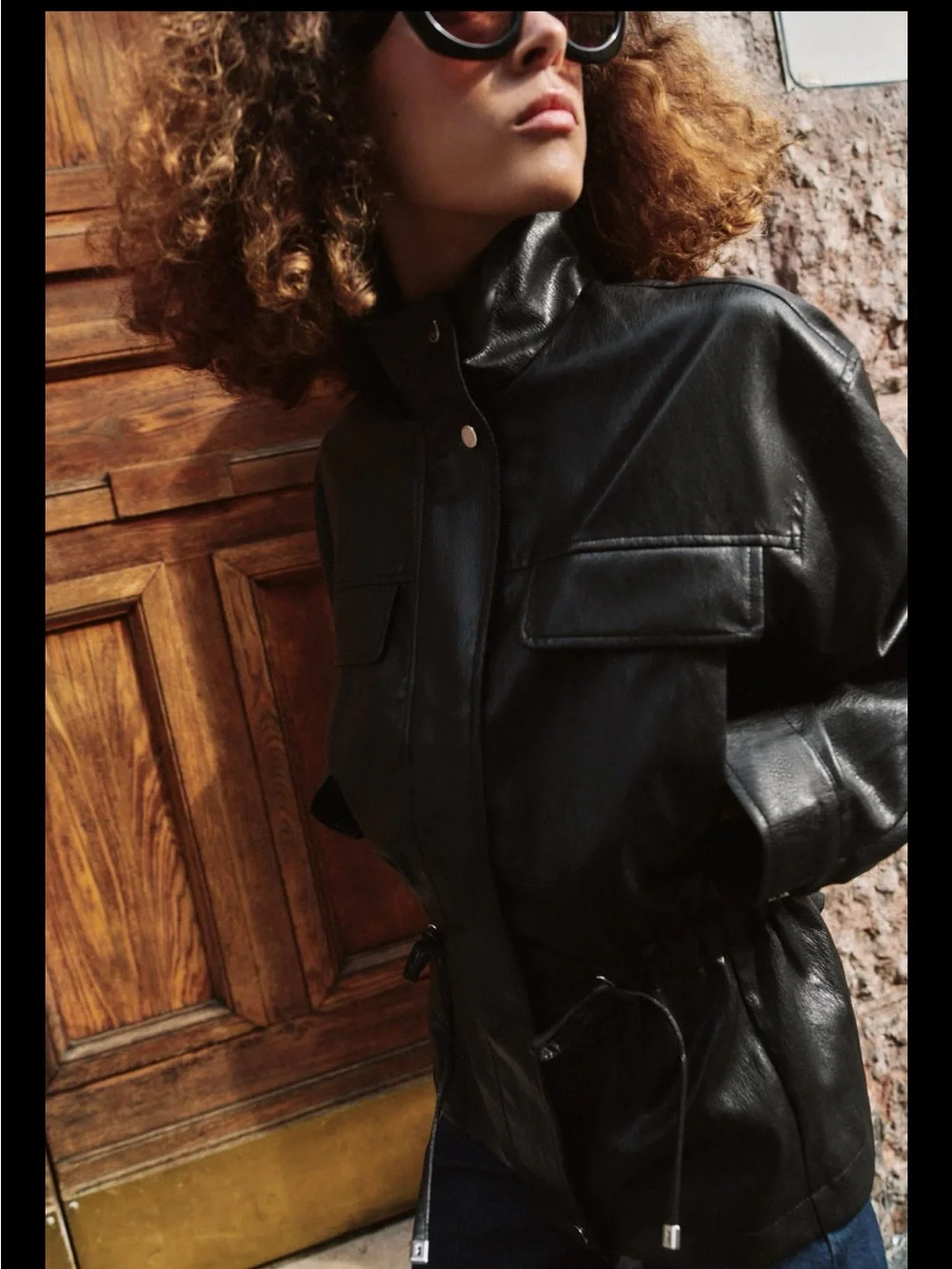 Zara 6318/047 Black Faux Leather Drawstring Waist Jacket